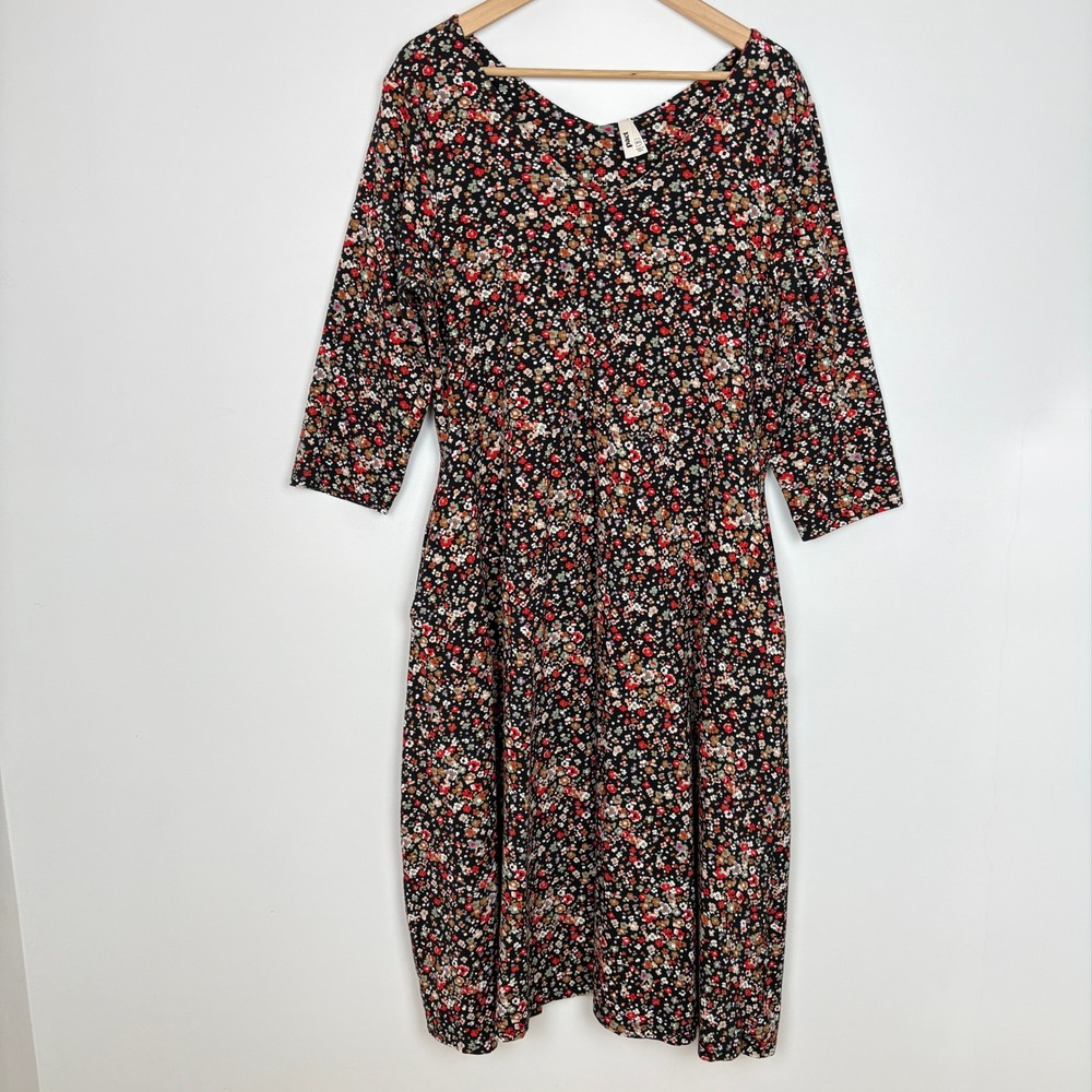 Pact Women Organic V Neck 3/4 Sleeve Black Floral Midi Dress Sz XXL Pockets Boho